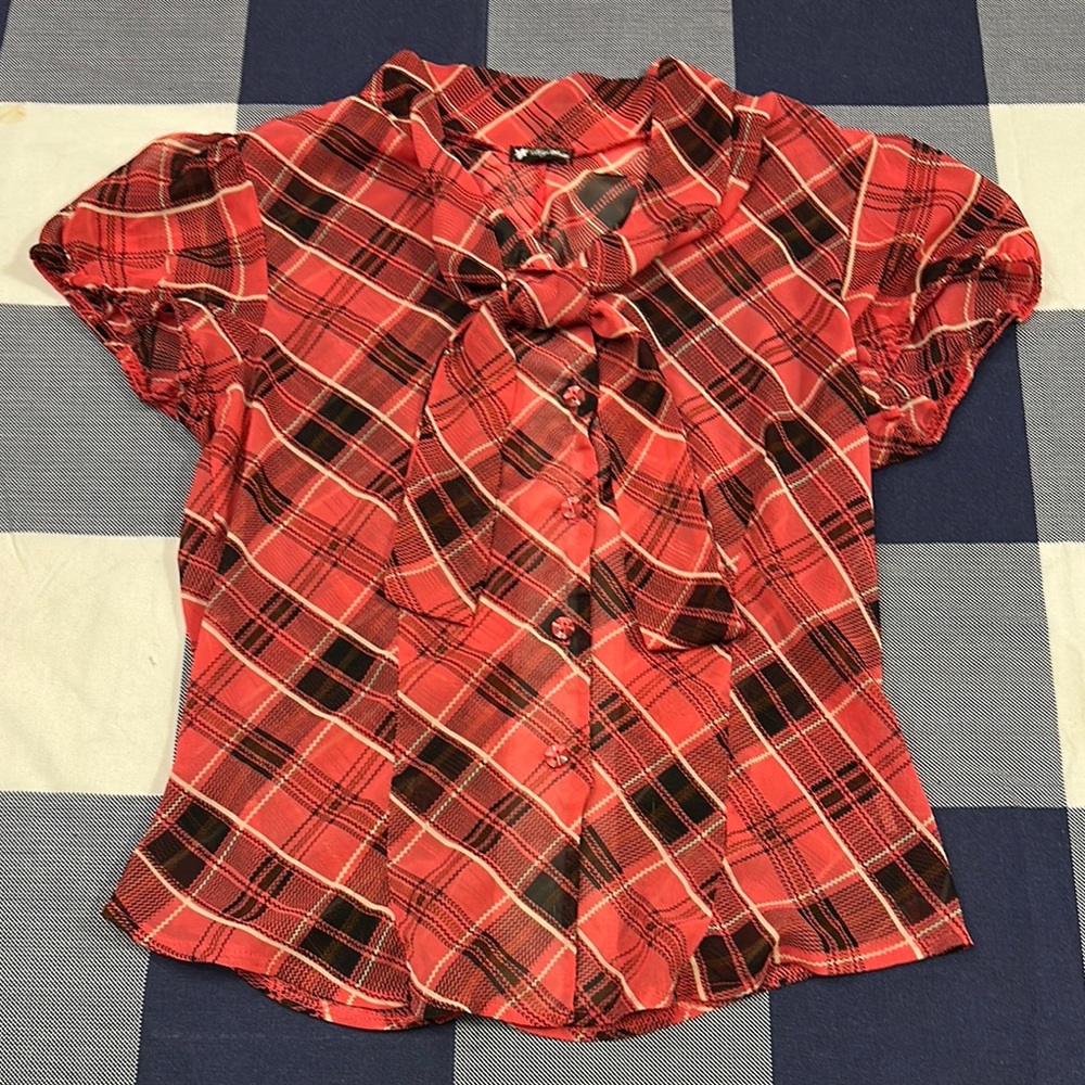LILY WHITE Sheer Plaid Blouse